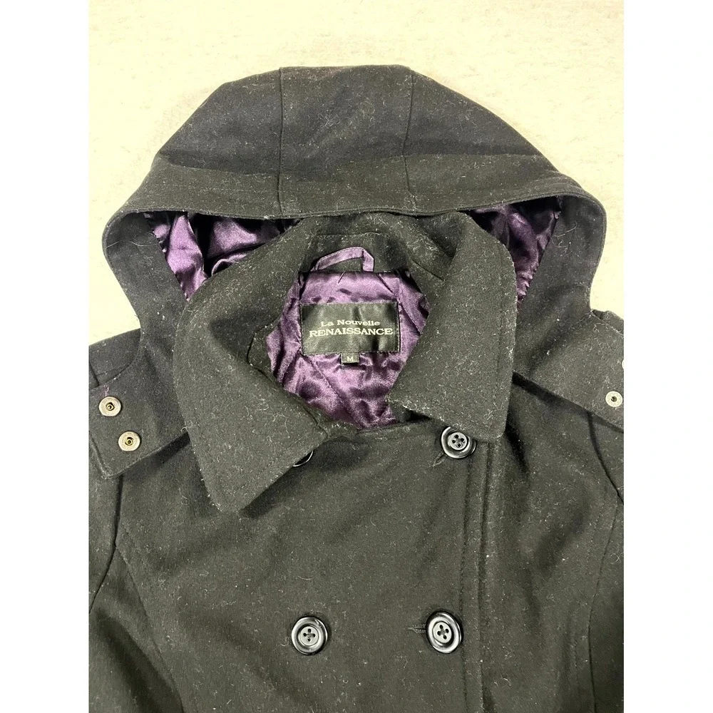 La Nouvelle Renaissance Jacket Womens Medium Black Wool Hooded Lined Full Zip‎